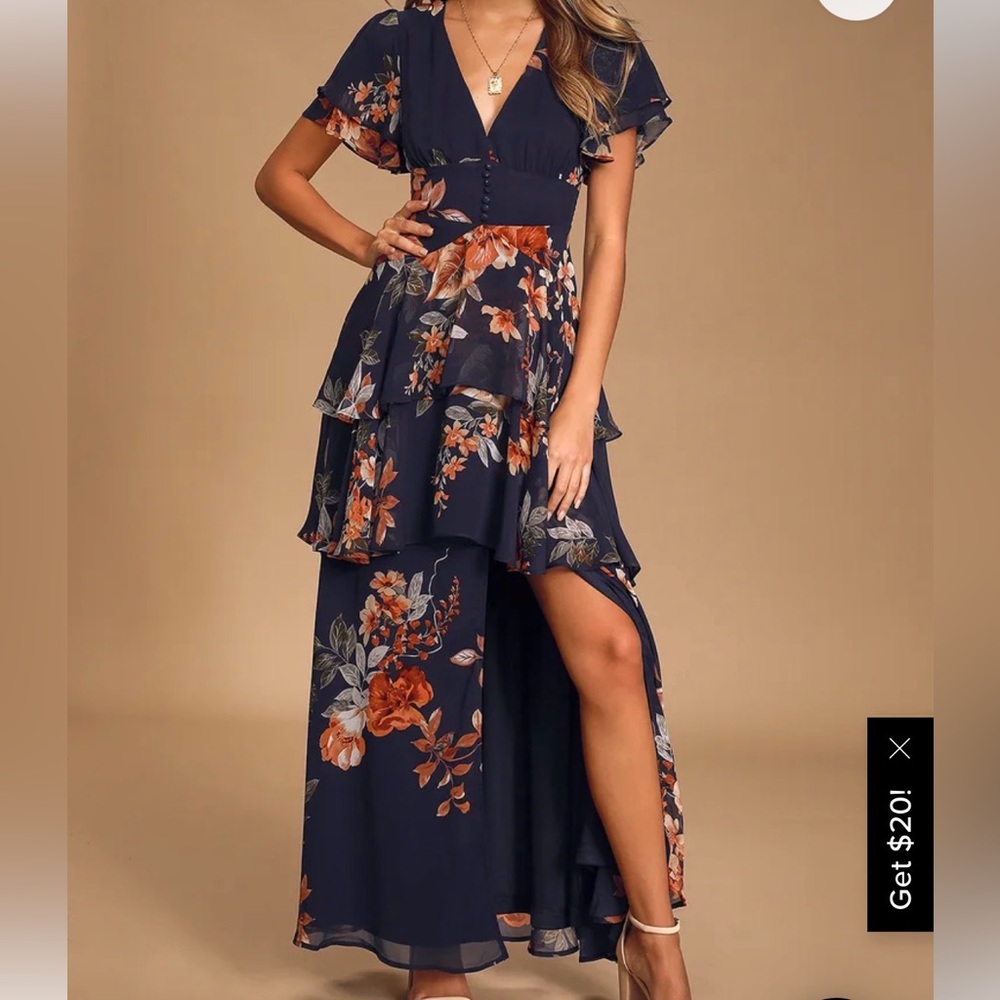Lulu's Navy Floral Maxi Dress with Rust & Cream Blooms